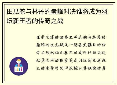 田瓜鸵与林丹的巅峰对决谁将成为羽坛新王者的传奇之战