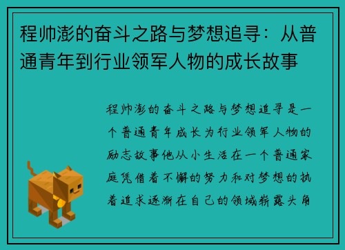 程帅澎的奋斗之路与梦想追寻：从普通青年到行业领军人物的成长故事